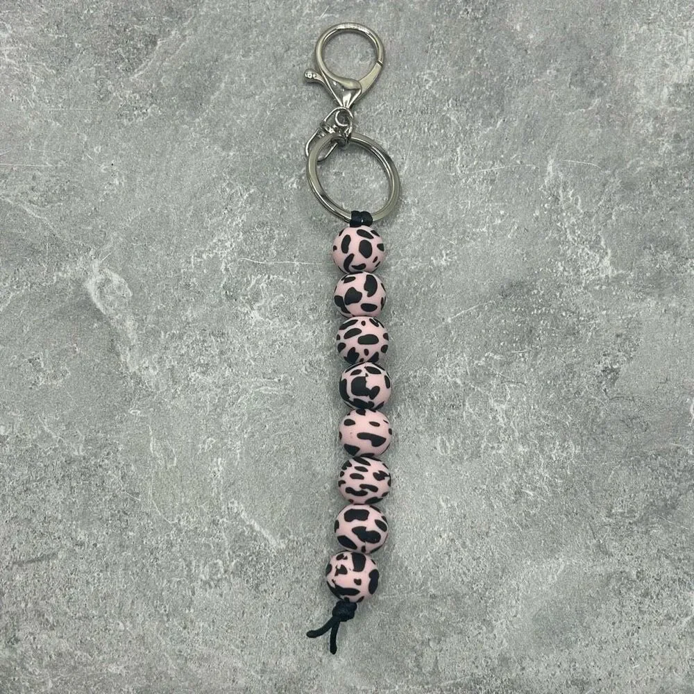 New Handmade Leopard Beaded Keychain Black Pink Round Beads Wristlet Key Ring Ac